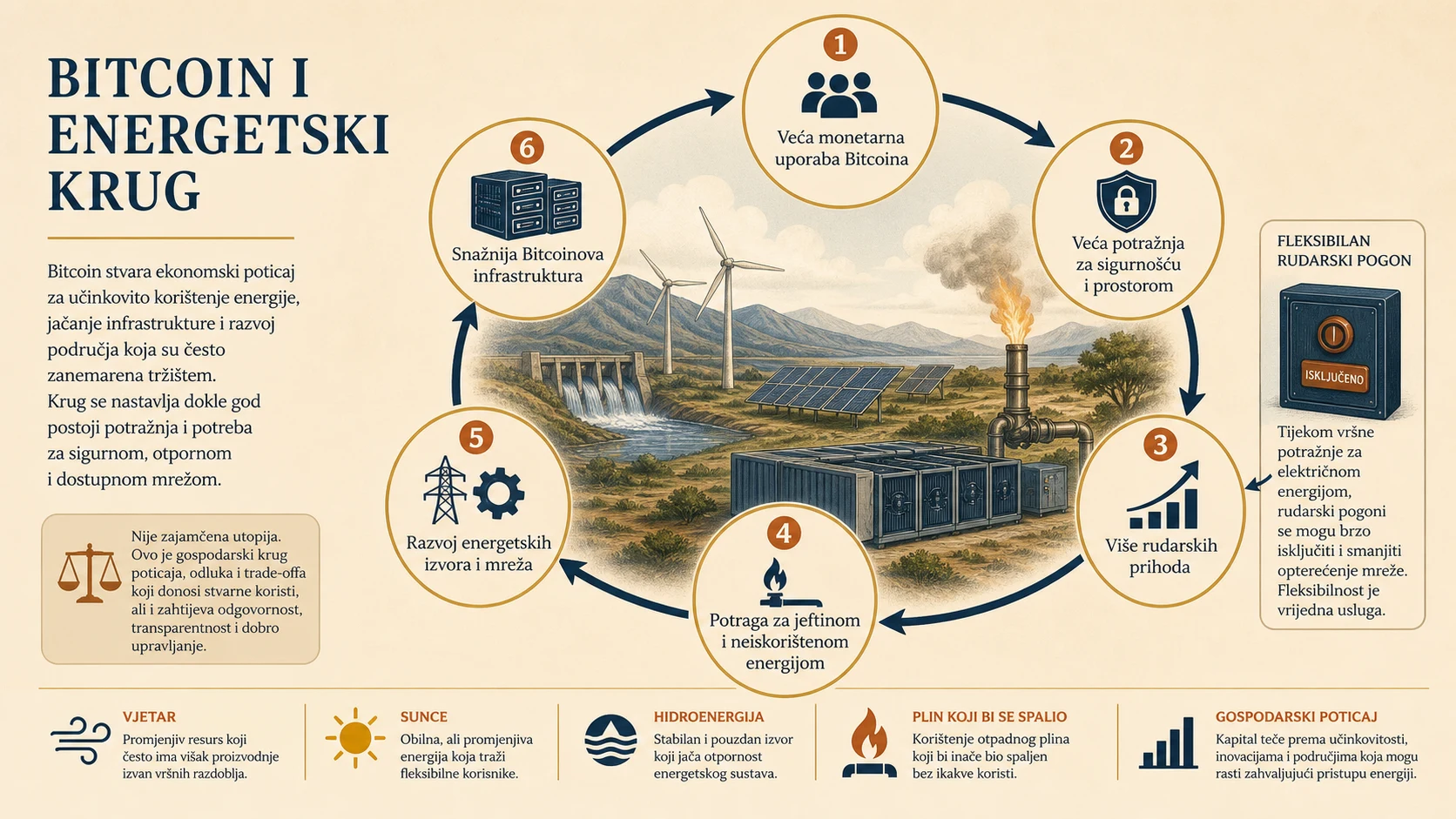 Gospodarski krug između monetarne uporabe Bitcoina, rudarenja, energije i infrastrukture