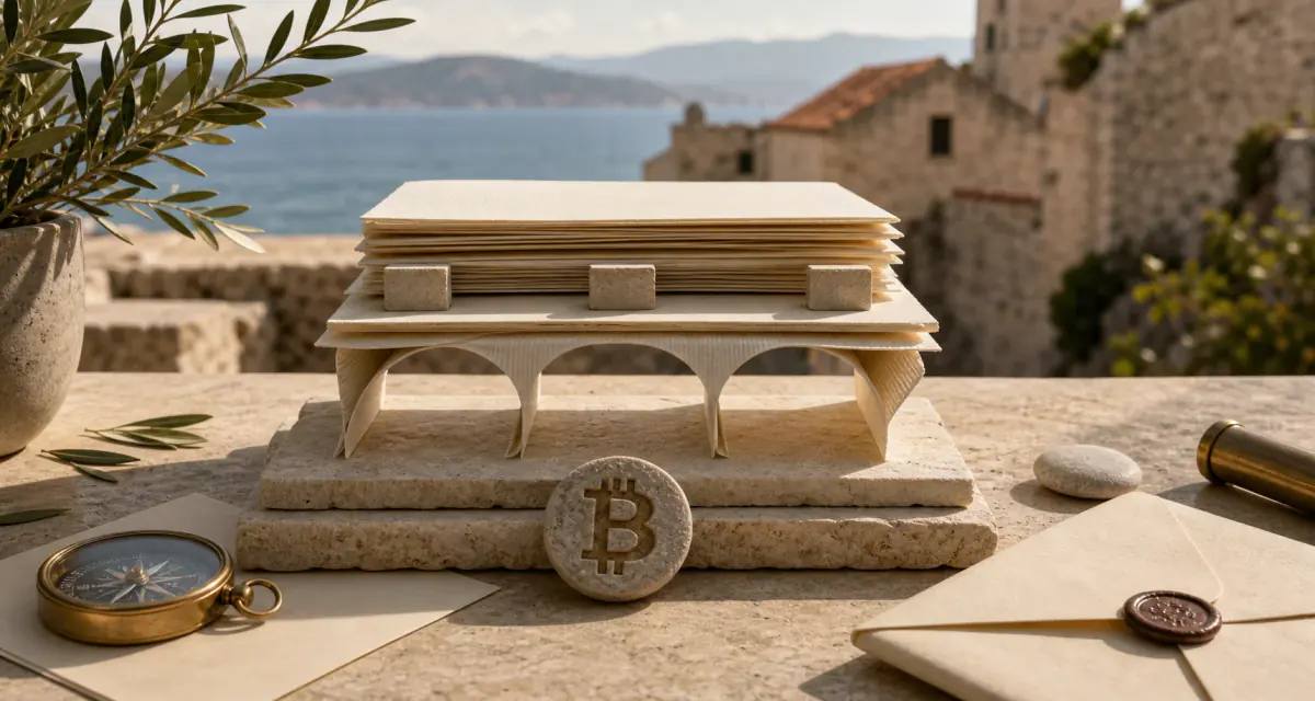 Mediteranski stol s Bitcoin kamenom, papirnatim mostom od praznih ugovora, kompasom i zatvorenom kuvertom