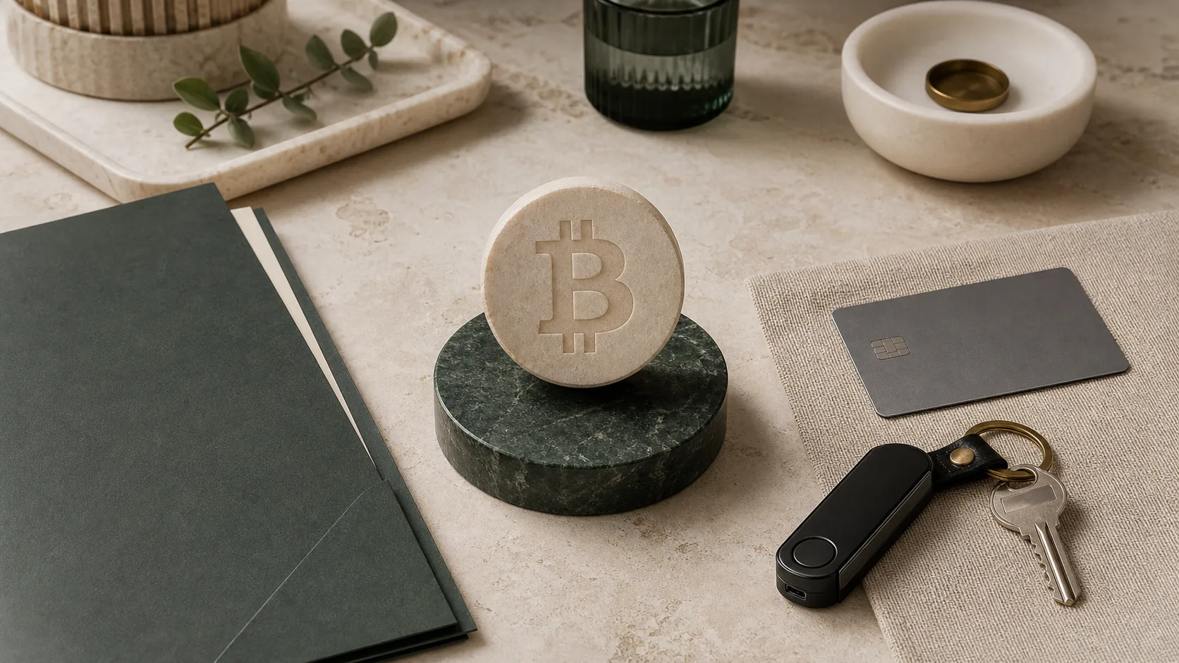 Mediteranska scena s financijskom mapom, karticom, hardverskim novčanikom i Bitcoin simbolom u odvojenim zonama