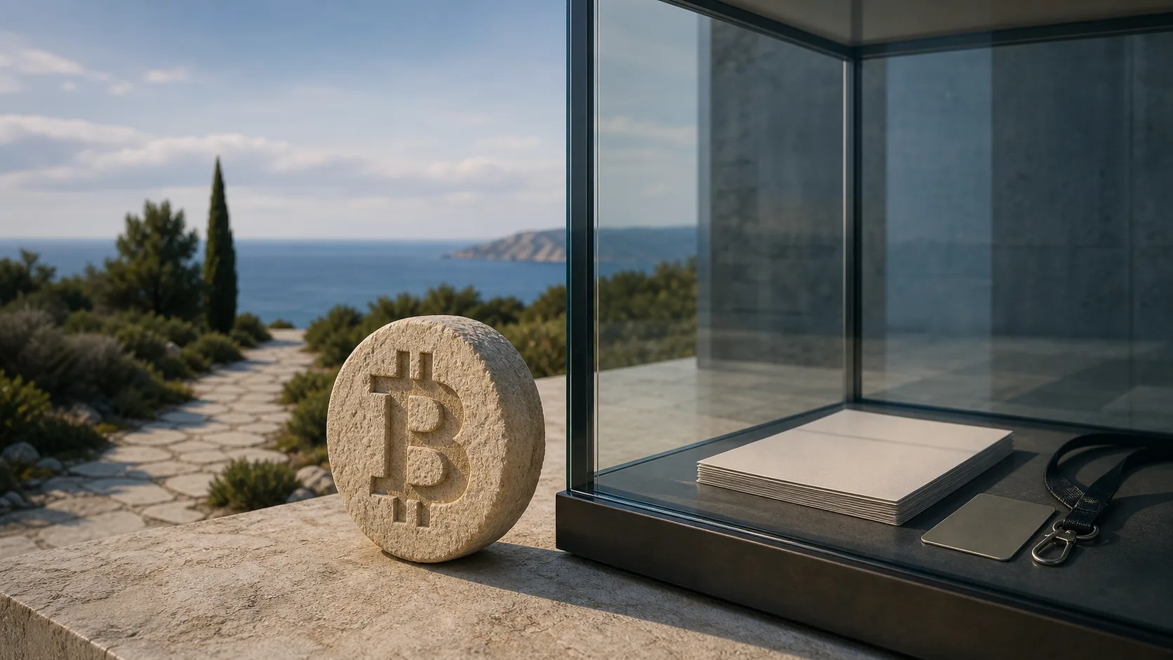 Bitcoin kameni simbol izvan staklenog institucionalnog okvira s otvorenim mediteranskim putem u pozadini