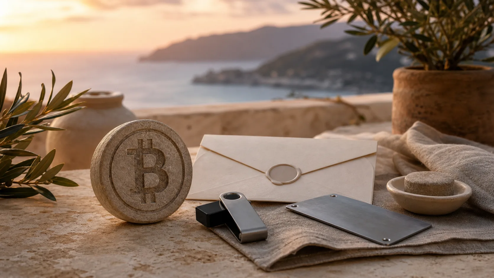 Topla mediteranska završna scena s Bitcoin simbolom, obiteljskom omotnicom, hardverskim novčanikom i metalnom pločicom