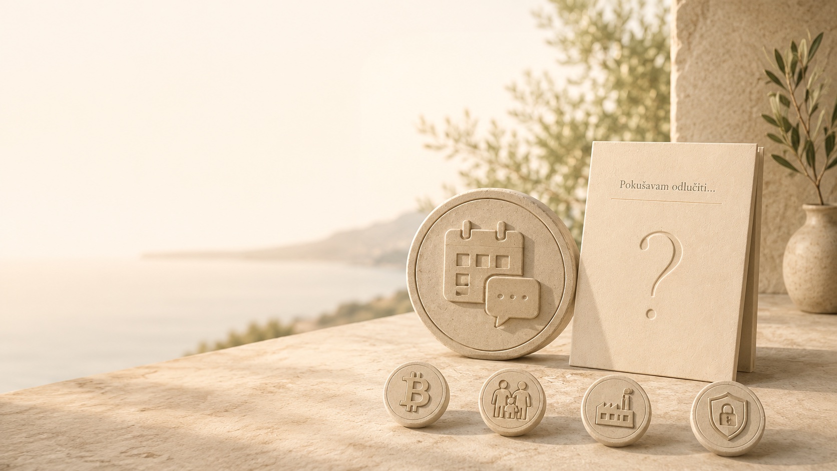 Mediteranska scena s kalendarom, pitanjem i simbolima za uvodni Bitcoin razgovor.