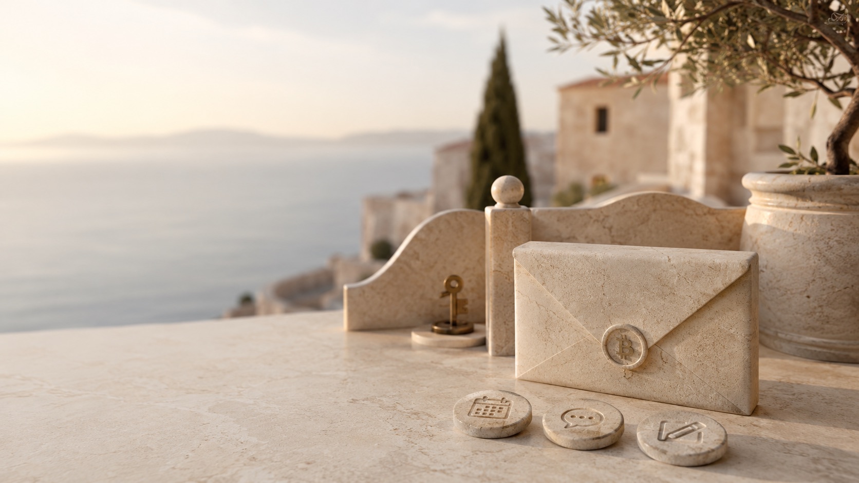Mediteranska scena s kamenim omotnicama, ključem i Bitcoin pečatom kao simbol sigurnosti i povjerljivosti.